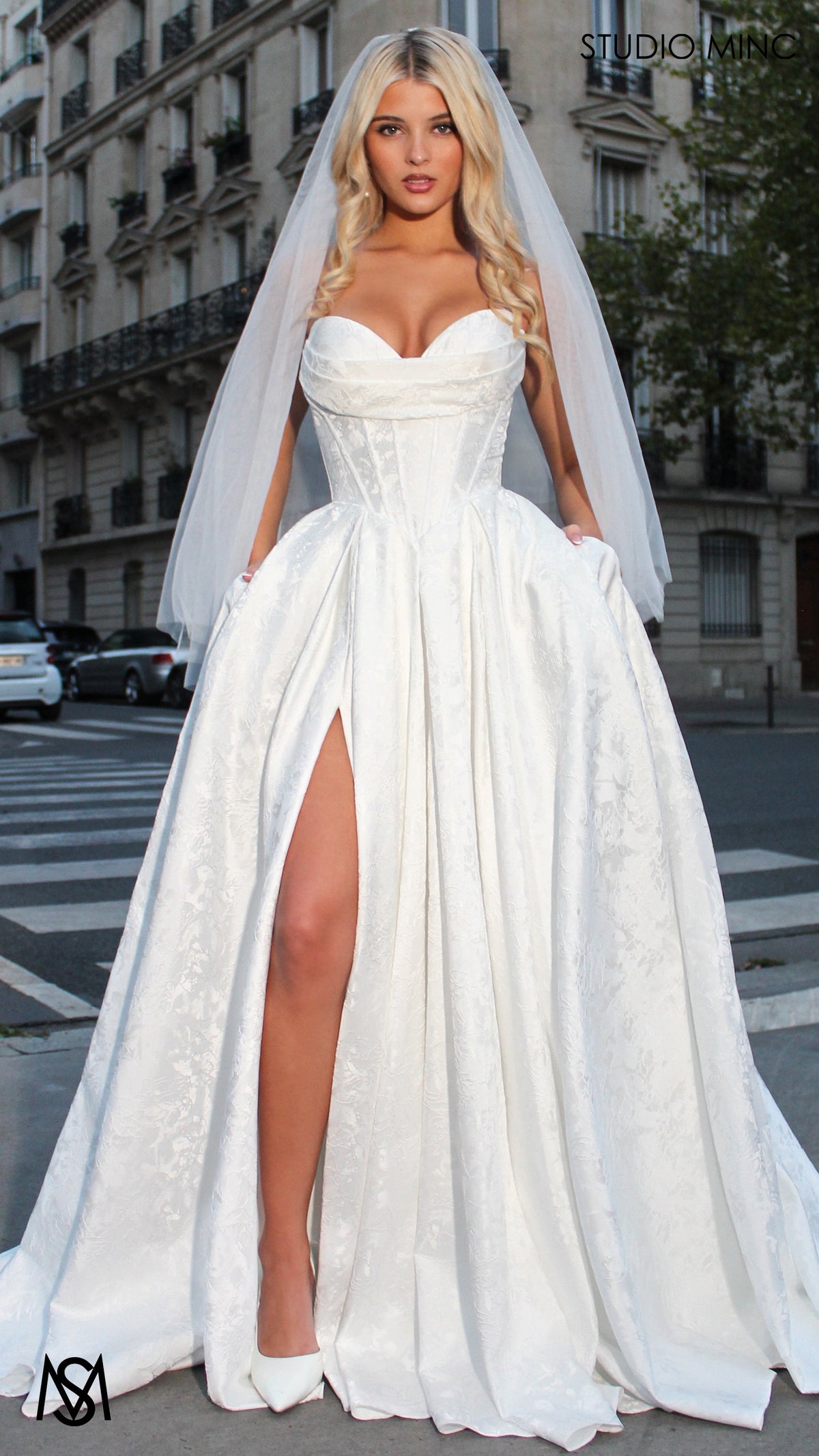 POSIE BRIDE - Wedding Dress, Strapless Basque waist Corset, Bra Cups, Satin embossed floral Gown