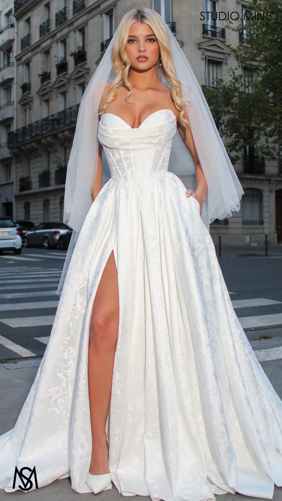 POSIE BRIDE - Wedding Dress, Strapless Basque waist Corset, Bra Cups, Satin embossed floral Gown