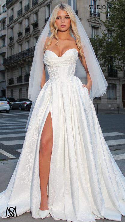 POSIE BRIDE - Wedding Dress, Strapless Basque waist Corset, Bra Cups, Satin embossed floral Gown