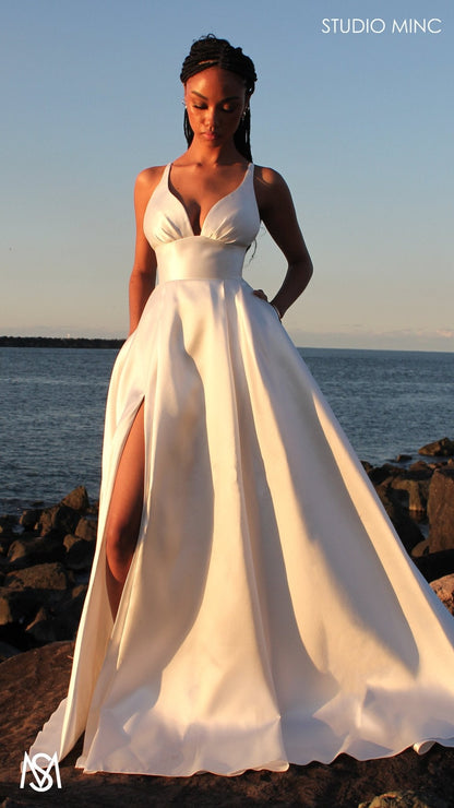 Riviera - Wedding Dress | Rice White V Plunge neckline, Satin Gown with Pockets and leg slit