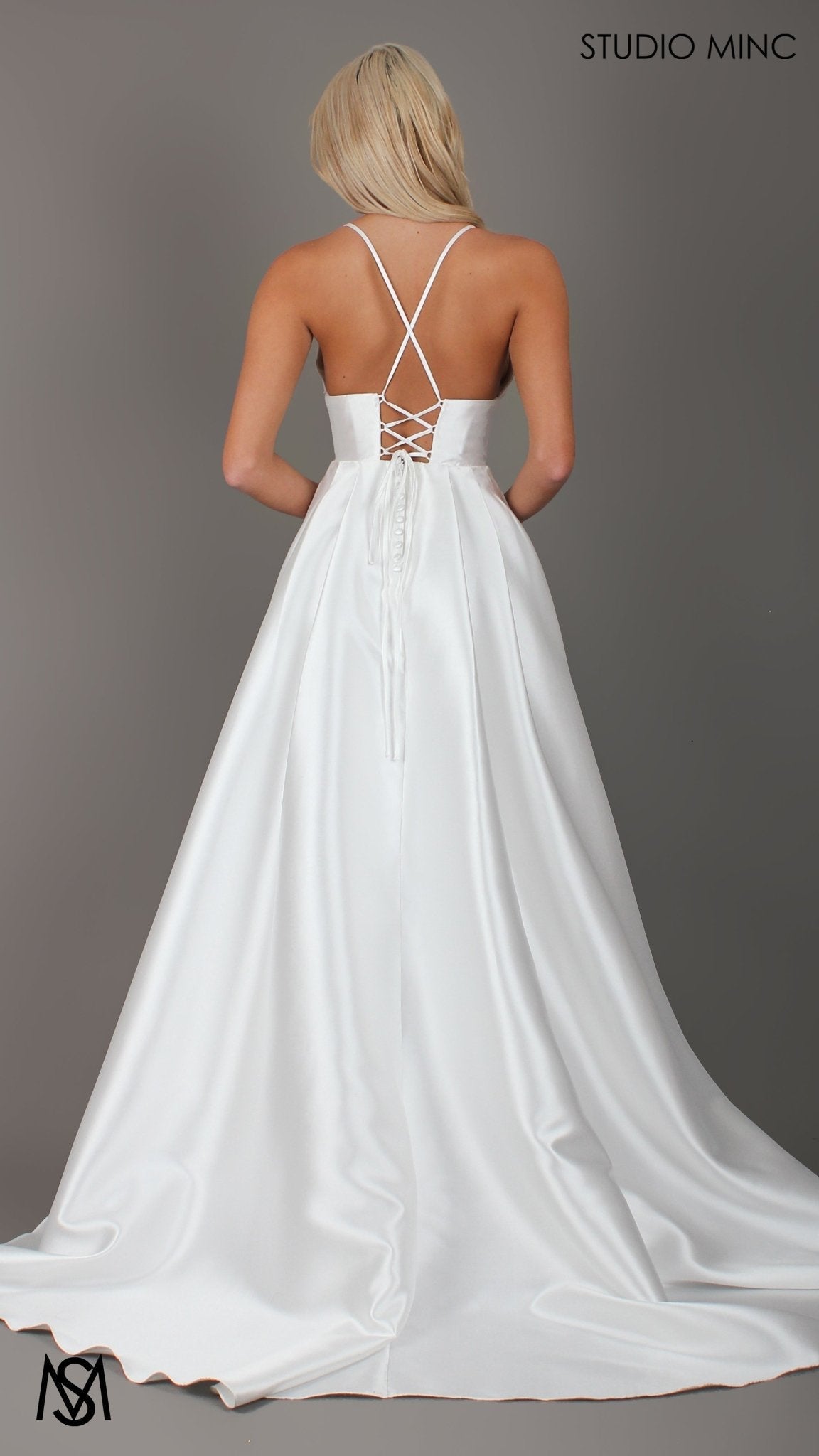 Riviera - Wedding Dress | Rice White V Plunge neckline, Satin Gown with Pockets and leg slit