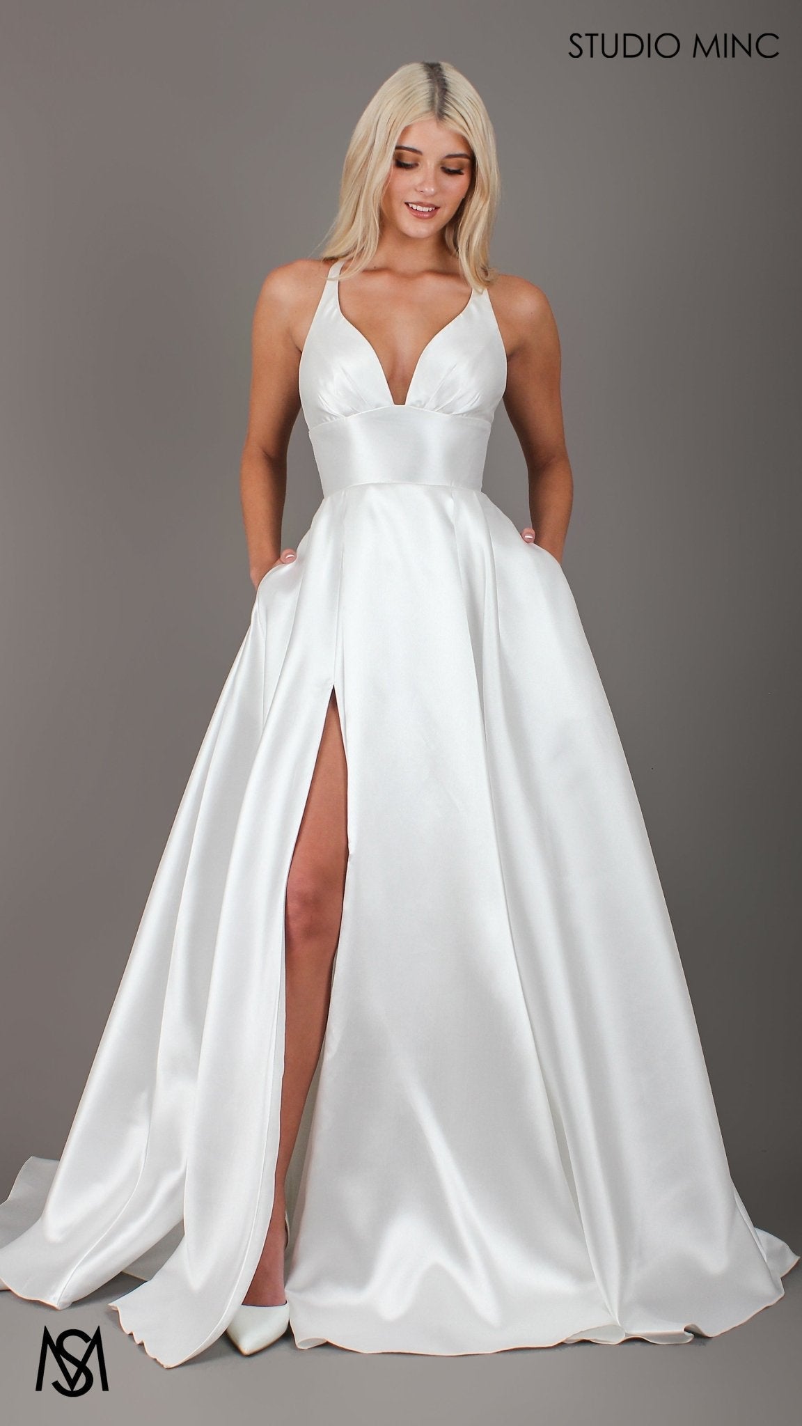 Riviera - Wedding Dress | Rice White V Plunge neckline, Satin Gown with Pockets and leg slit
