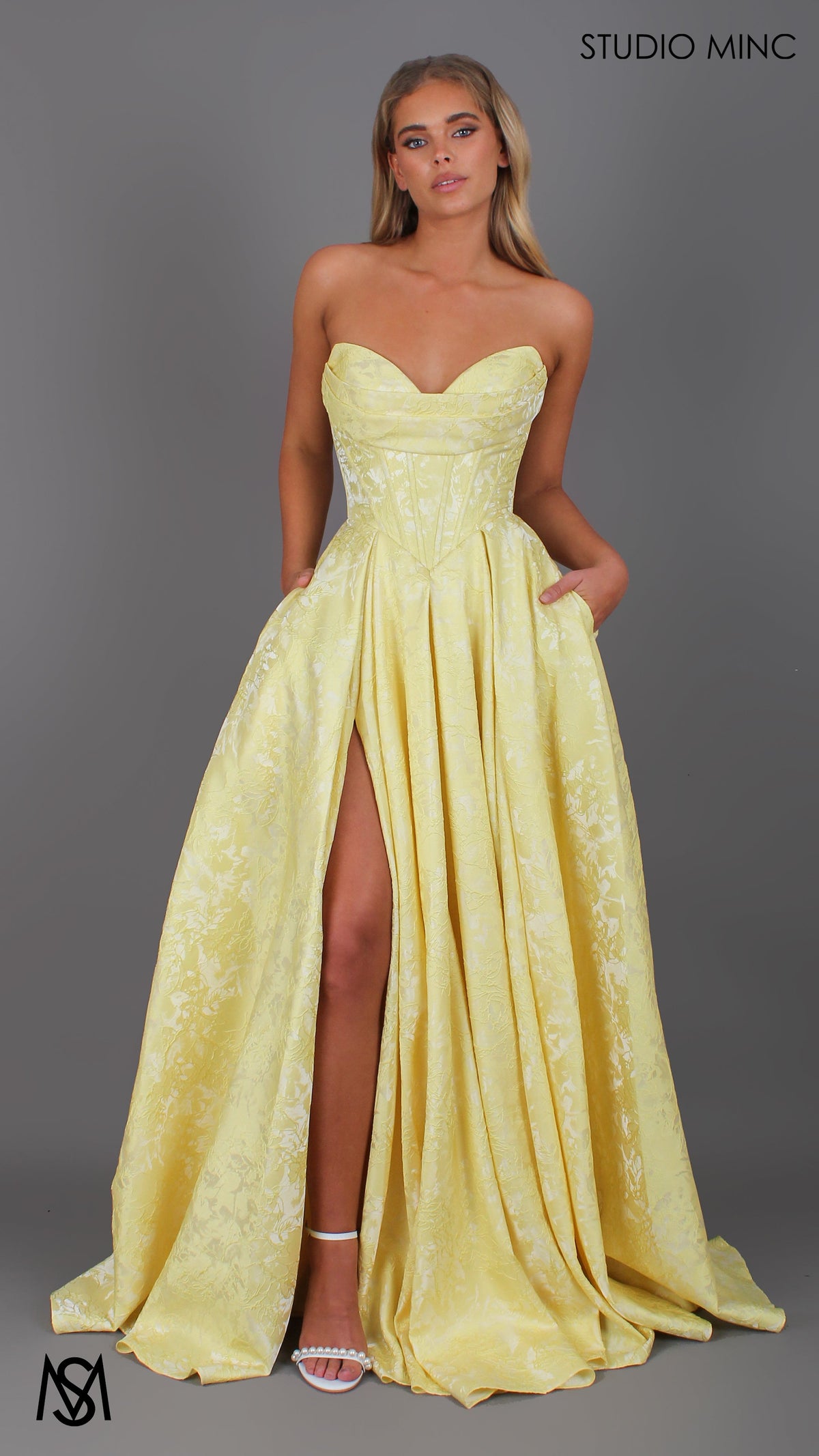 POSIE - Yellow Formal Dress, Strapless Basque waist Corset, Bra Cups, Satin embossed floral Gown